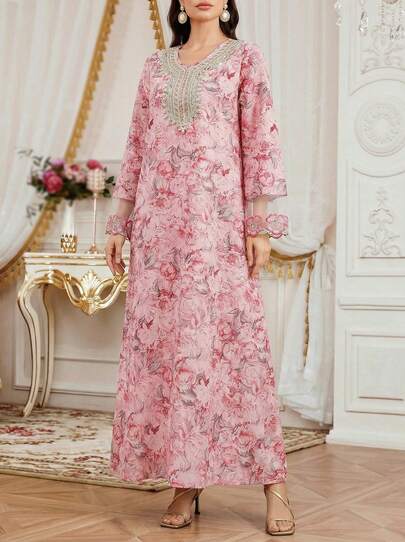 Solessence Women's Floral Print Crochet Patchwork Long Sleeve Robe, Elegant A-Line Kaftan Robe, Suitable For Evening Gala, Wedding Guest, Anniversary, Everyday Wear