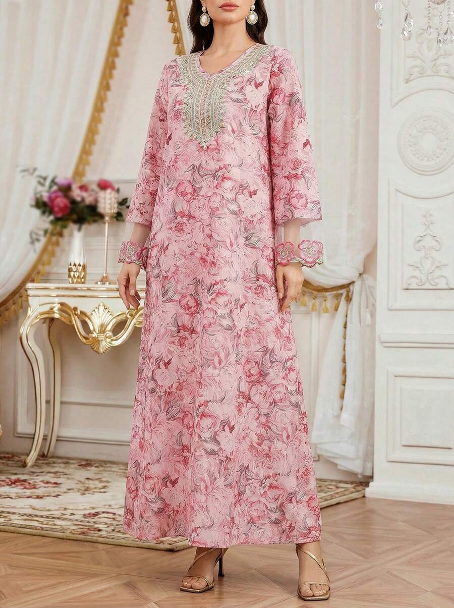 Solessence Robe longue à manches longues avec imprimé floral, patchwork au crochet. Robe caftan élégante en forme de A - Multicolore - Voir 1