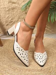 Giày sandal cao gót nữ, sandal mũi nhọn đế dày hở gót bằng da bóng màu mơ khoét rỗng, kiểu dáng retro phù hợp cho đi làm hàng ngày, sandal cao gót nữ thanh lịch và thời trang cho công sở. - Màu be - Xem 5