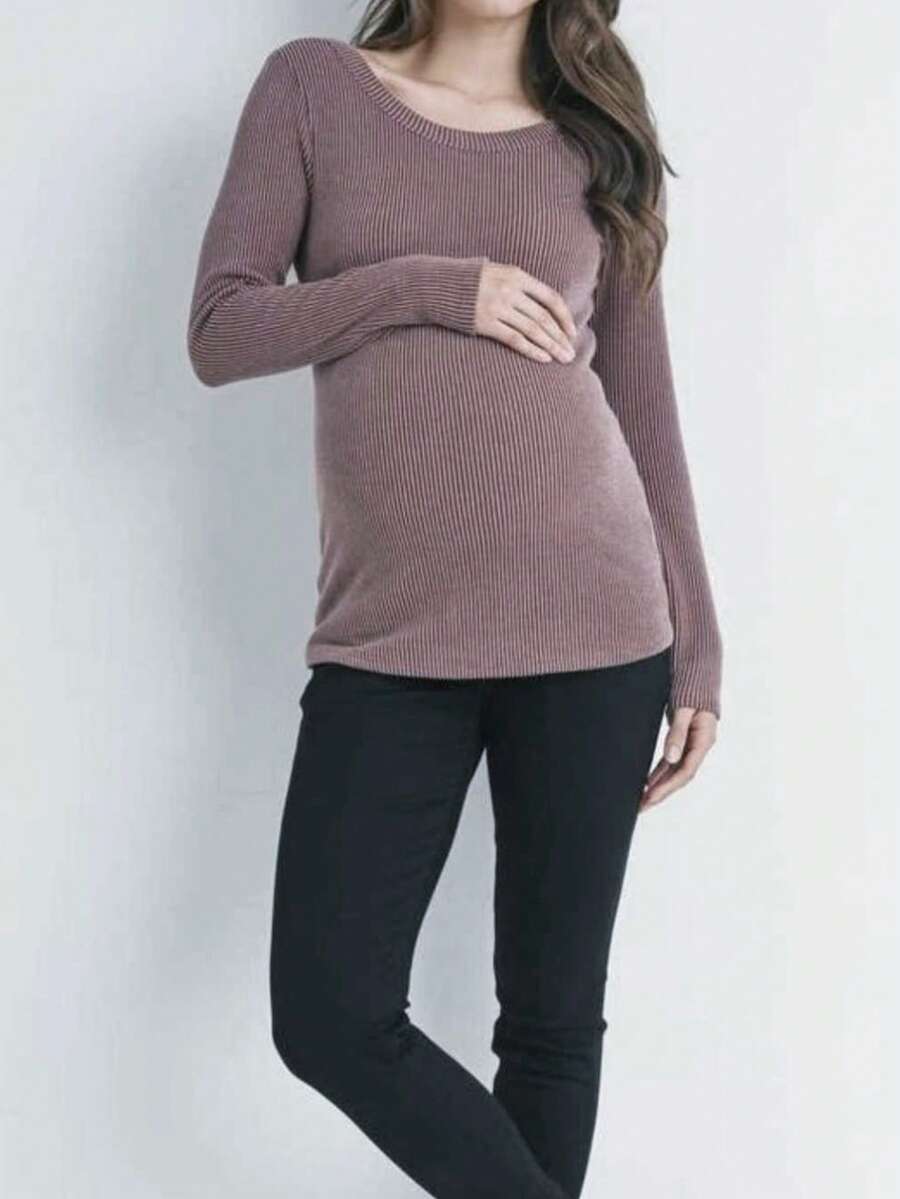 Maternity Fashion Round Neck Long Sleeve Ribbed Shirt, Medium Stretch Polyester Top, Suitable For Expectant Mothers Spring - Mauve Purple - View 1