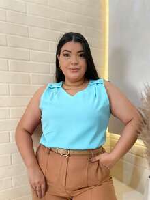 Plain Tank Top, Sleeveless Blouse, Plain Crepe Fabric, With 4 Buttons, Plus Size G1G2G3 46-52, Casual Women's - 62-西亞諾藍 - 查看 1