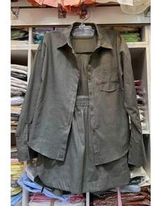 Linen Shirt And Shorts Set (2 Pieces), Lined With Elastic. - Dark Green - View 1
