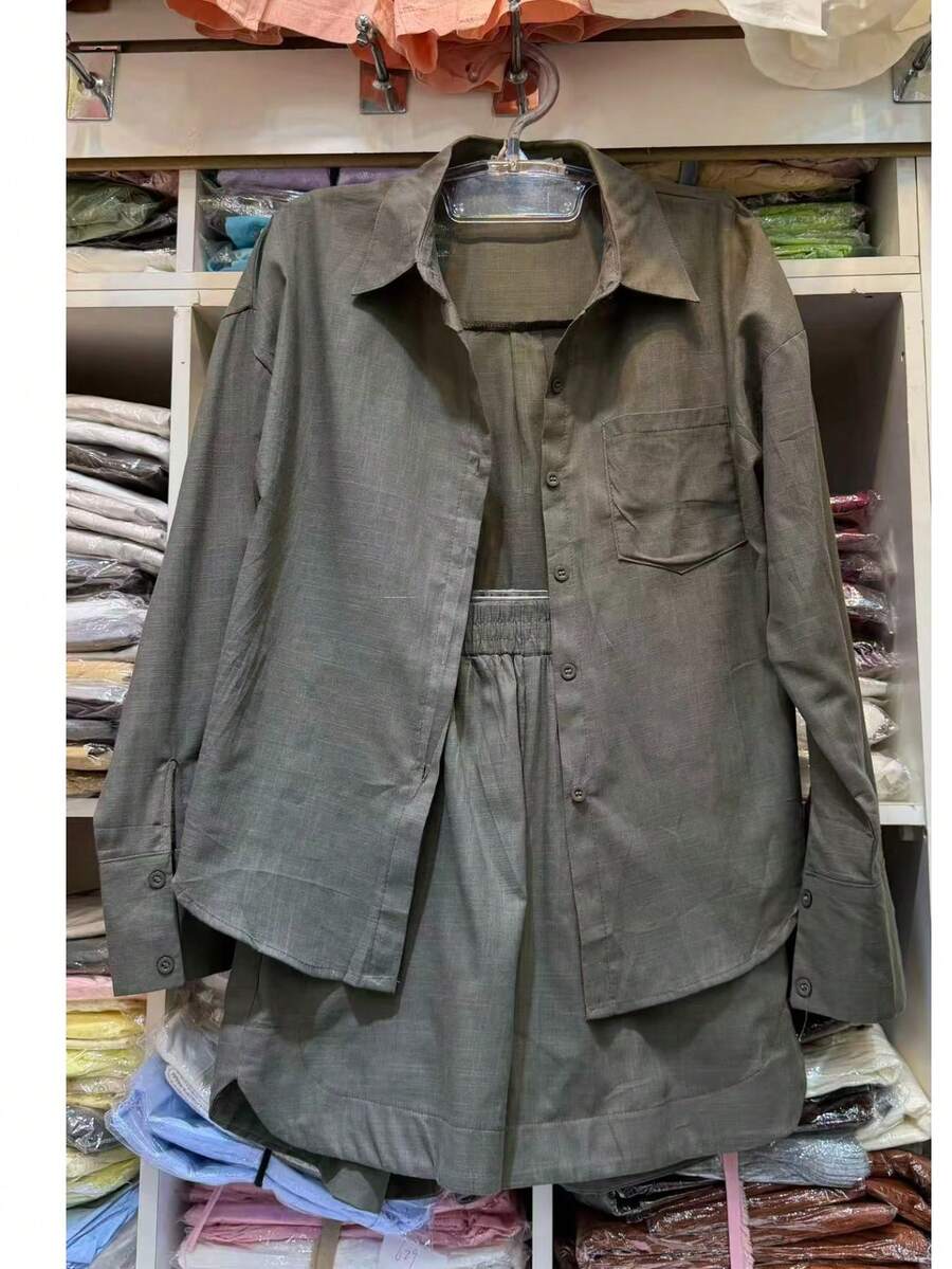 Linen Shirt And Shorts Set (2 Pieces), Lined With Elastic. - Dark Green - View 1