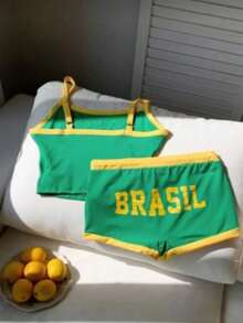 Tank Top And Ultra-Short Shorts Set In The Colors Of The Brazilian Flag. - Green - View 2