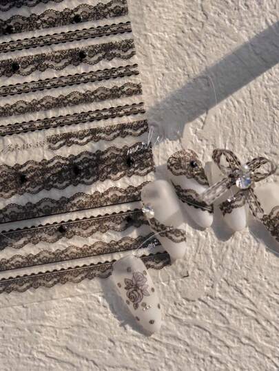 1pc Nail Ribbon Stickers, Black Lace Stripes, 5D Stickers, Nail Stickers, Self-Adhesive Decorative Stickers