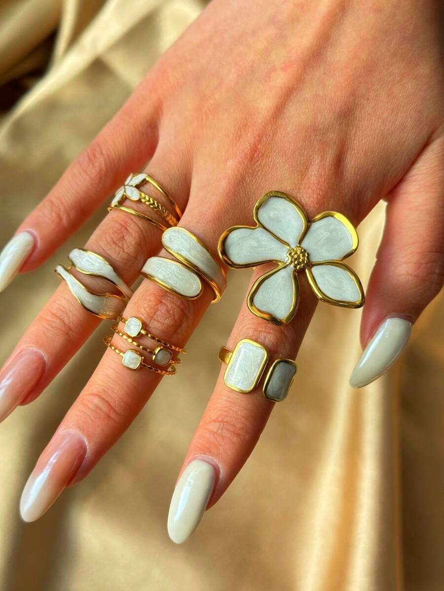 6pcs/Set Vintage Unique Delicate Luxurious Elegant Versatile Creative Asymmetrical Geometric White Enamel Flower Ring Set, Suitable For Daily Wear, Festivals, Parties, Gift For Mom, Wife - Multicolor - View 1