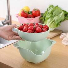 Una cubeta de doble capa para lavar frutas y verduras para la cocina del hogar, una canasta de filtro giratoria para lavar verduras, una canasta de drenaje para drenar el agua sin caer, y una bandeja de frutas para el salón - Versión engrosada - Ver 2
