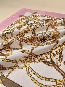 1pc Women's Square Silk Scarf With Chain Pattern, Elegant Neckerchief Headscarf Hair Accessory - Pink - View 5