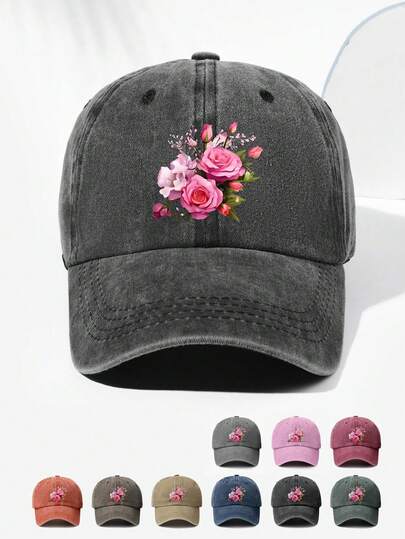 Unisex Rose Floral Print Baseball Cap, Breathable Sun-Shading Fashion Versatile Hat With Adjustable Strap, Suitable For Party, Outing, Sports, Casual, Driving, Romantic Floral Print Men And Couples Cap