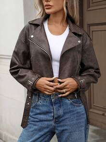 Women's Faux Leather Jacket Crop Biker Long Sleeve Zipper Belt Coat Outwear - Light Brown - View 6