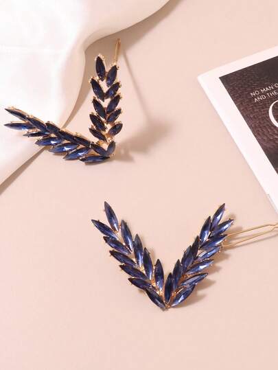 1 chiếc kẹp tóc hình chữ V màu xanh hải quân và trắng đính pha lê, kiểu dáng cổ điển thanh lịch dành cho nữ, phụ kiện tóc tối giản.