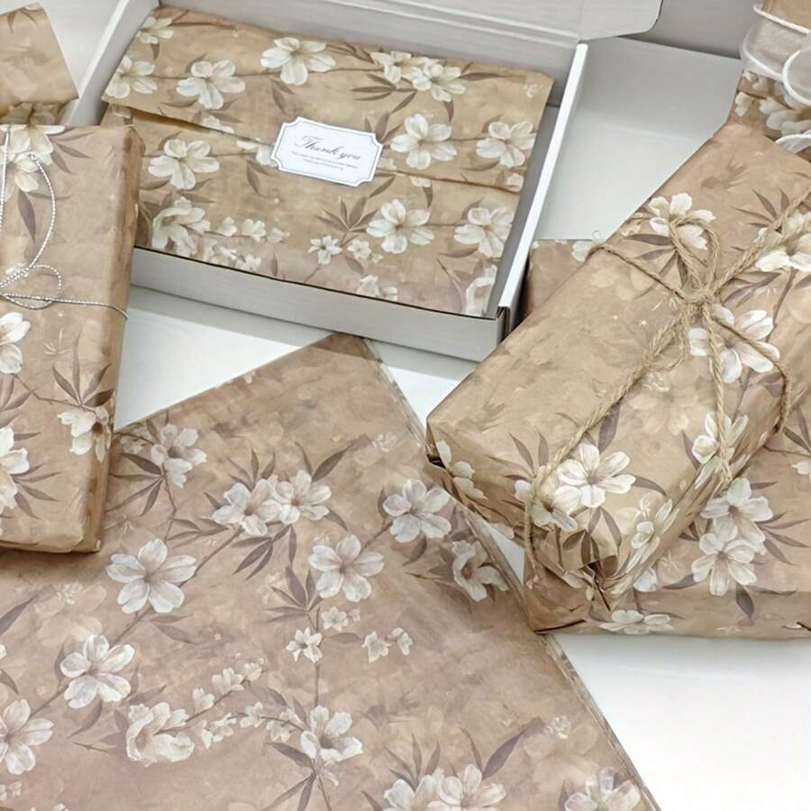 10张棕色杏花图案薄纸，50*35厘米，礼品包装纸，适用于春夏季节、婚礼、节日礼物、生日礼物包装、花束包装、礼品袋填充和派对回礼。