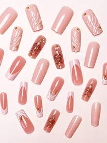 24片/套 优雅3D立体花卉金色镶边波浪形珍珠装饰方形美甲贴片，适合女孩/女士日常、户外、派对美甲 - 彩色 - 查看 2