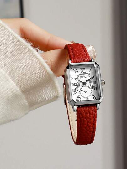 JUSMI 1pc/Set Vintage Square Dial Lizard Grain Genuine Leather Strap Roman Numeral Luxury Women Quartz Watch