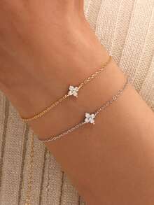 1 Piece S925 Sterling Silver Four-Leaf Clover Chain Bracelet,Gold Bracelet, Women's Bracelet,Classic Four-Leaf Clover Zirconia Bracelet,Suitable For Everyday Wear - Multicolor - View 3