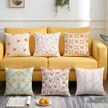 6pcs Minimalist Geometric Floral Pillow Covers, Single-Sided Printed Peach Velvet Material, 45*45/50*50/40*40CM Cushion Covers Suitable For Modern Minimalist Sofa Living Room Decor, Gift, Party Decoration - Multicolor-6PC - View 8
