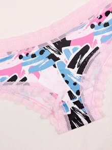 Dircho 5pcs Women's Random Print Briefs With Contrast Elastic Waistband, Soft Stretchy Underwear Set Featuring Floral, Graffiti & Heart Patterns, Breathable Multipack For Daily Wear - Multicolor - View 3