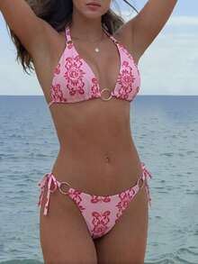 2026 Summer New Women's Pink Base Red Totem Print Halter Triangle Cup Bikini Set, Bohemian Style Tankini, Metal Ring Side Tie Two Pieces Swimsuit, Suitable For Beach, Vacation, Beach Photography - Multicolor - View 3