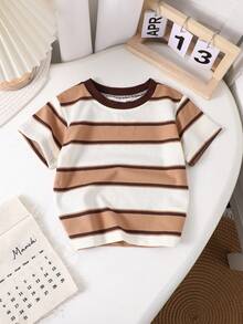 Baby Striped Short Sleeve T-Shirt, High Elasticity Breathable Soft Cotton Tee For Summer - Coffee Brown - View 2