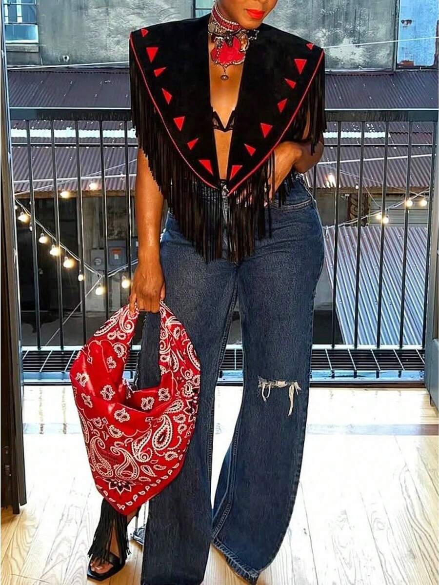 GLOURI Women's Black Fringed Western Vest - Red Triangle Trim & Open Front Design |Bold Decorative Detail For Night Out, Fashion Gatherings & Western-Themed Parties For Daring Stylish Looks - 黑色 - 查看 1