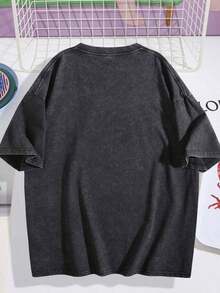 Men's Retro Street Washed Vintage Short Sleeved T-Shirt, NASCA Racing Dale EarnhardT7 Crown, Heavyweight Cotton Loose Top004 - 黑色 - 查看 5