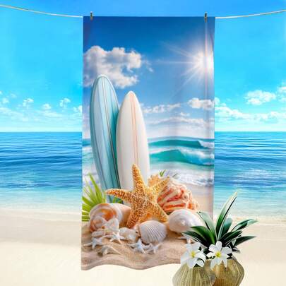 1pc Beach Scenery, Starfish, Seashell, Surfboard Printed Beach Towel, Super Absorbent Quick Dry Towel For Swimming, Soft Beach Blanket, Suitable For Beach, Swimming, Outdoor Camping Travel, Ideal Beach Essential