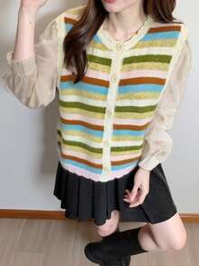 Alicedudu Women's Autumn Casual Cute Colorful Striped Ribbed Front Button Vacation Beach Knit Cardigan Vest - Multicolor - View 4