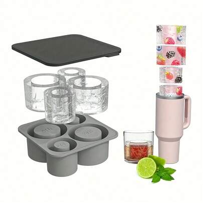1个带盖硅胶杯模，适用于20盎司、30盎司和40盎司的杯子。这款可重复使用的硅胶冰模非常适合制作冰饮，带有4个圆柱形冰格，可适配各种尺寸的杯子。