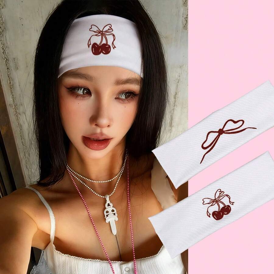 1pc Fashion White Pattern Headband, New Cherry Bow Print Headband, Panda Cartoon Headband, Sweet Cute Girl Headband, Versatile Absorbent Yoga Hair Band - Multicolor - View 1