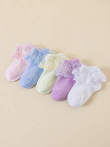 5 pares de calcetines cortos de estilo princesa con adorno de encaje de colores caramelo para niñas, con bordado de encaje de malla transpirable, moda, suaves y cómodos, adecuados para uso casual, al aire libre, actuaciones de baile, vacaciones, vuelta al colegio, bodas, primavera/verano - Multicolor - Ver 6