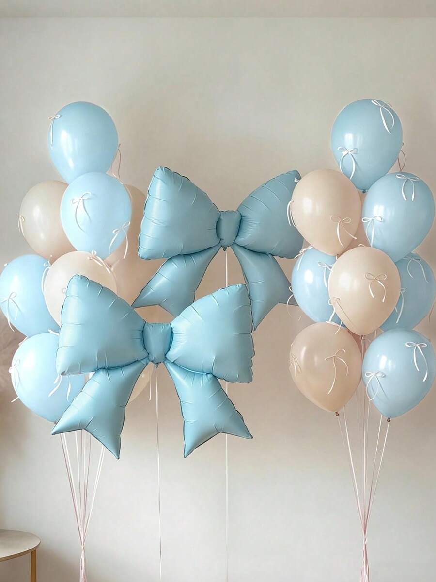 12pcs Large Light Blue Bow Foil Balloons, Blue Macaron Color Latex Balloon Set, Includes Ribbons And Glue Dots For DIY, Suitable For Wedding, Engagement, Anniversary, Princess Theme Party, Birthday Party Decoration - Baby Blue - View 1
