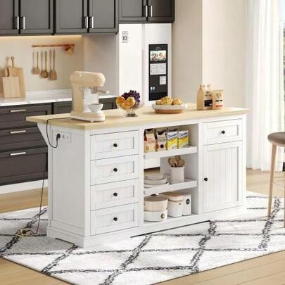 Sideboard, Kücheninsel, Bar-Schrank Mit 5 Schubladen, 2 Ausziehböden, Klappbarer Erweiterungsplatte Und Integrierten Steckdosen, Für Küche, Esszimmer Und Wohnzimmer, White, 150*65*75 Cm