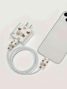 3 件装棕色心形图案充电器及数据线保护套，兼容苹果 20W 14 Pro Max - 彩色 - 查看 3