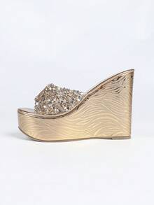 Women's Wedge Sandals, Thick Sole, Rhinestone Decor, Plus Size Fashion Slippers - Champagne - View 7