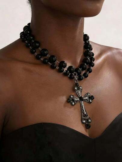 1pc Black Pearl Large Cross Pendant Double-Layer Necklace, Fashionable Exaggerated Dark Gothic Rhinestone Cross Pendant Multi-Layer Choker Necklace, Punk Style Jewelry Suitable For Girls And Women (Pearl Quantity Random)