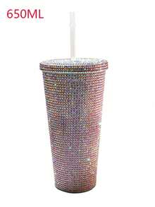 大容量双层水钻吸管杯，女士/女孩礼物，防烫珍珠杯，双层饮水杯，便携式玻璃吸管水杯，高品质密封杯 - 彩色 - 查看 15