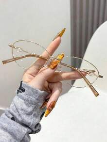 1 Pair Women's Oval Metal Frame Glasses, Cute Academic Style Decorative Non-Prescription Glasses - Multicolor - View 5