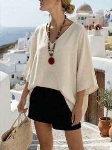 女士宽松V领蝙蝠袖休闲上衣，适合夏季、度假和海滩穿着 - 杏色 - 查看 1
