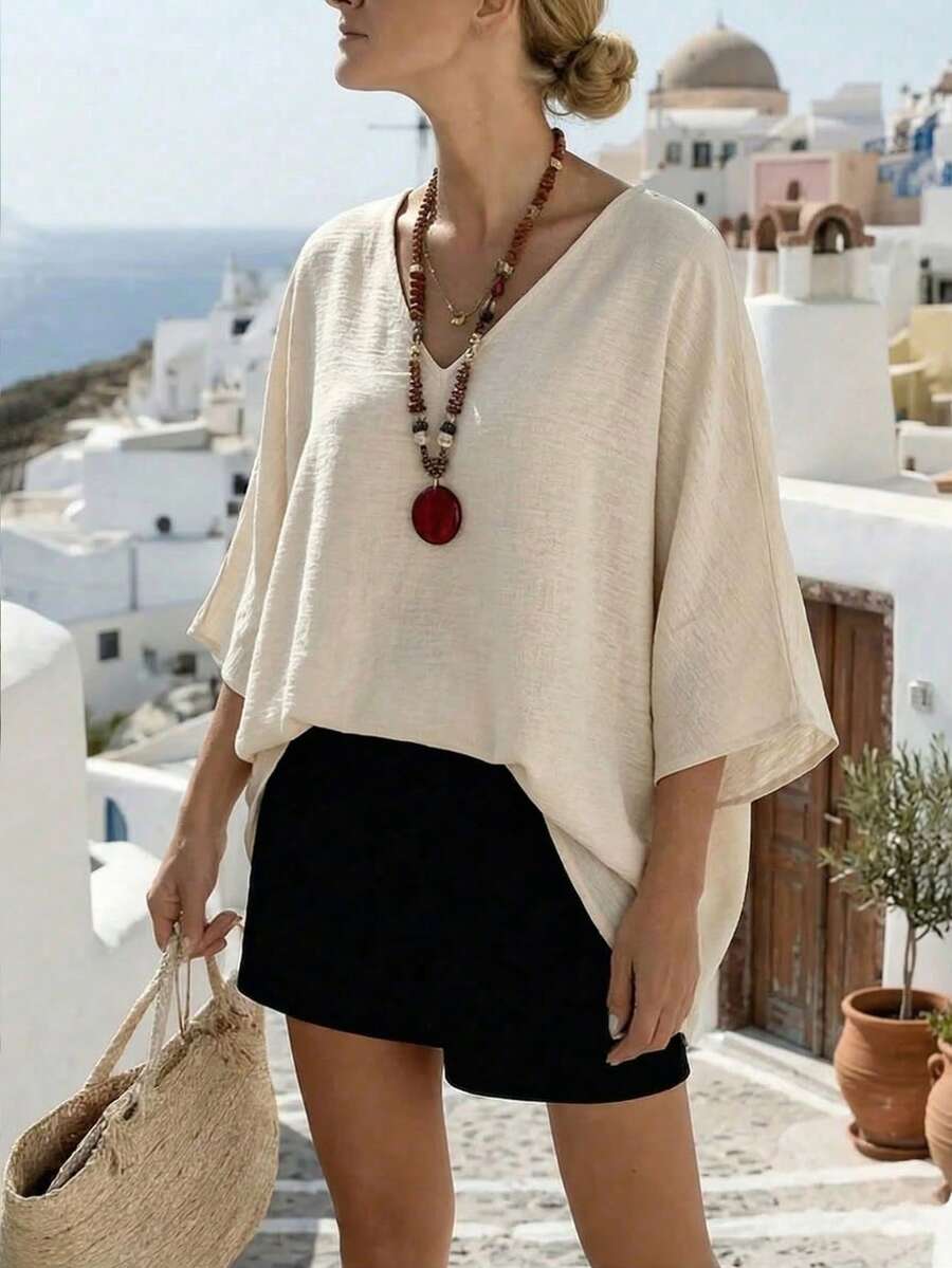 女士宽松V领蝙蝠袖休闲上衣，适合夏季、度假和海滩穿着 - 杏色 - 查看 1