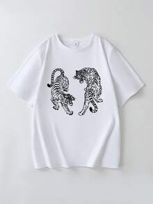 复古虎纹印花T恤，加大码女款宽松圆领短袖休闲虎纹图案T恤，女式上衣 白色 - 白色 - 查看 2