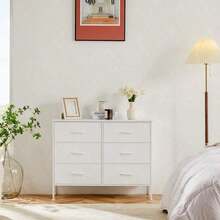 Sweetcrispy Dresser Bedroom 6 Drawers Wide Fabric Storage Units Chest Of Drawers Bedroom With Metal Frame And Wooden Top TV - 白色 - 查看 2