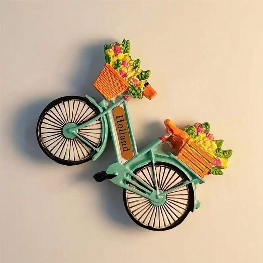 1pc 2D Acrylic Flat Dutch Creative Travel Souvenir, Hand-Painted Floral Bicycle Home Decor Refrigerator Magnet, Travel Commemorative Painted Magnetic Fridge Sticker - Multicolor - View 1