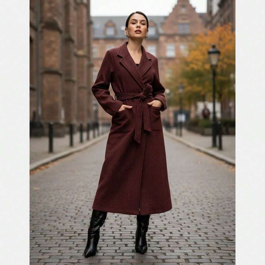 Elegant Double-Pocket Coat HF-SBT-005 - 酒紅色 - 查看 1