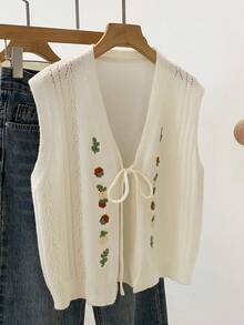 时尚刺绣无袖背心，百搭白色针织开衫，适合春夏穿着 - 白色 - 查看 5