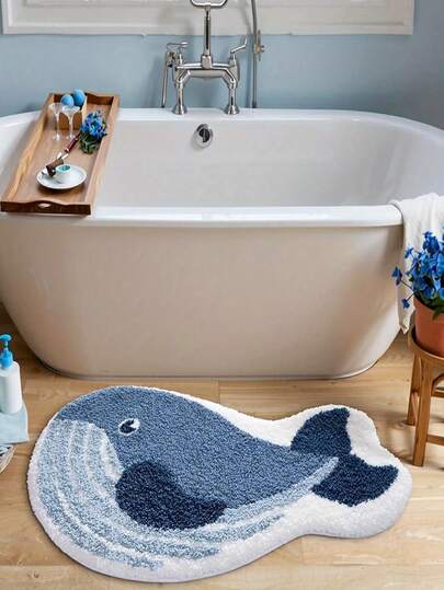 1pc Whale Shaped Bathroom Anti-Slip Mat, Comfortable Machine Washable Living Room Carpet, Entryway Non-Slip Doormat, Cute Whale Bathroom Anti-Slip Floor Mat, Suitable For Living Room, Bedroom, Laundry Room, Entryway