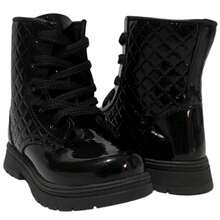Girls' Ankle Boots, Lace-Up Tractor Sole Boots, Patent Leather Military Style, Youth Ankle Boots, New Release, Comfortable, Winter Fashion - 黑色靴子 - 查看 3