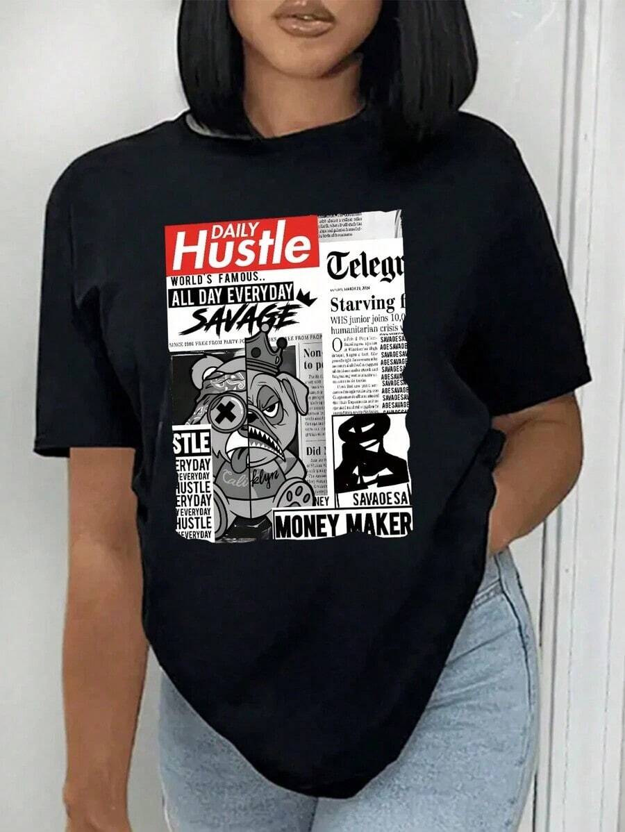 Camiseta casual minimalista para mujer con estampado de periódico, cuello redondo, camisetas gráficas para mujer, estilo vintage urbano, unisex, de algodón, manga corta, cuello redondo, blusas para mujer. blusas.blusas casuales para dama. - Negro - Ver 1