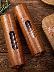2pcs Acacia Wood Pepper Grinder Set, Acrylic & Solid Wood Transparent Pepper & Salt Grinder Bottles, Party Supplies, Home Dinner - Brown - View 4
