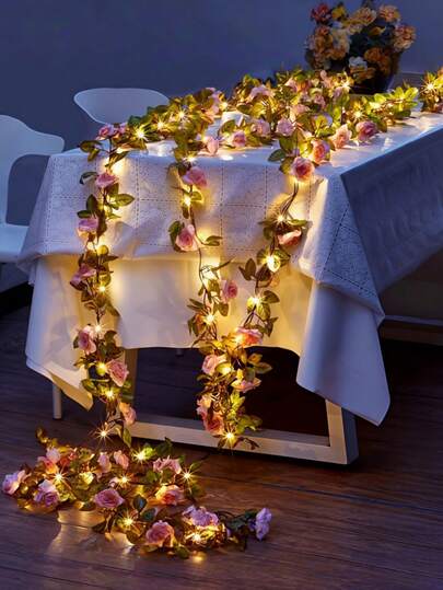 2M/6.56피트 샴페인 로즈 플라워 스트링 라이트, 합성 로즈 갈랜드 페어리 라이트, 배터리 전원, 거실, 걸 침실 장식, 웨딩 아치, 생일 및 축제 분위기 조성, 정원 및 계단 장식에 적합