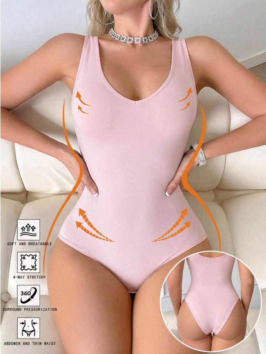 Shapewear sin costuras para mujer con cinturón de cintura, adelgazamiento del abdomen, levantamiento del trasero, espalda abierta, diseño de cuello cuadrado, mono - Rosa - Ver 1